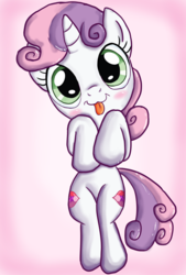 Size: 1378x2039 | Tagged: dead source, safe, artist:chiptunebrony, sweetie belle, pony, g4, adorkable, big eyes, blushing, both cutie marks, cute, diasweetes, dork, female, legs together, looking at you, lying down, on back, pink background, simple background, smiling, solo, the cmc's cutie marks, tongue out