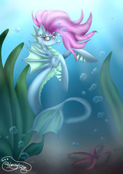 Size: 1024x1448 | Tagged: safe, artist:blazingandonyx, oc, oc only, siren, starfish, bubble, crepuscular rays, plant, solo, underwater, water