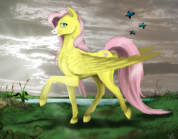 Size: 4582x3581 | Tagged: safe, artist:vinicius040598, fluttershy, butterfly, g4, female, lake, shy, solo, unshorn fetlocks