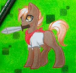 Size: 3032x2912 | Tagged: safe, artist:emberslament, button mash, earth pony, pony, g4, bandana, clothes, colt, high res, male, minecraft, prismacolors, shirt, solo, sword, traditional art, weapon