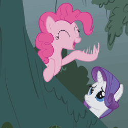 Size: 518x518 | Tagged: safe, screencap, pinkie pie, rarity, pony, dragonshy, g4, animated, female, gif, hooves, smiling, waving