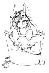 Size: 600x900 | Tagged: safe, artist:replica, oc, oc only, oc:nectarine wynne, bat pony, pony, bat bucket, blushing, bucket, cute, ear fluff, ear tufts, eye clipping through hair, food, fruit, goggles, good bat bucket, good mom bucket, grayscale, leaning, lidded eyes, lineart, looking at you, monochrome, nectarine, ocbetes, simple background, sketch, smiling, solo, spread wings, white background, wings