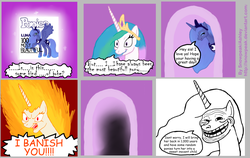 Size: 1471x932 | Tagged: safe, artist:snowpeak, princess celestia, princess luna, g4, abuse, comic, lunabuse, meme, s1 luna, trollestia, trollface, what a jerk