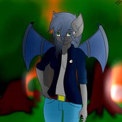Size: 1500x1500 | Tagged: safe, artist:eclipsepenumbra, oc, oc only, oc:eclipse penumbra, bat pony, anthro, bat pony oc, bat wings, belt, clothes, cutie mark on clothes, fangs, forest, green eyes, jacket, jeans, looking at you, pants, smiling, solo, sunset