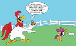Size: 4464x2700 | Tagged: safe, artist:joeywaggoner, scootaloo, pegasus, pony, g4, crossover, foghorn leghorn, henery hawk, high res, looney tunes, merrie melodies, racism in the comments, scootachicken, warner brothers