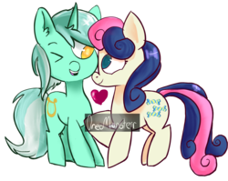 Size: 2821x2244 | Tagged: safe, artist:oreomonsterr, bon bon, lyra heartstrings, sweetie drops, earth pony, pony, g4, female, heart, high res, lesbian, looking at each other, mare, one eye closed, open mouth, ship:lyrabon, shipping, simple background, watermark