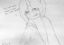 Size: 1280x902 | Tagged: safe, artist:holliday, oc, oc only, oc:gang violence, pony, unicorn, bandage, dialogue, monochrome, scar, solo, traditional art