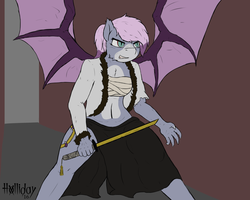 Size: 1280x1024 | Tagged: safe, artist:holliday, oc, oc only, oc:price, dragon, original species, pegasus, anthro, anthro oc, bandage, claws, clothes, fangs, side slit, skirt, slit pupils, sword, weapon