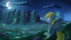Size: 1280x720 | Tagged: safe, artist:ailynd, derpy hooves, firefly (insect), pegasus, pony, g4, crescent moon, female, forest, mare, meadow, moon, night, scenery, sitting, solo