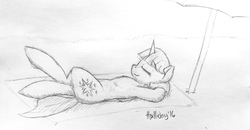 Size: 1280x666 | Tagged: safe, artist:holliday, twilight sparkle, g4, beach, female, monochrome, relaxing, solo, towel, traditional art, umbrella