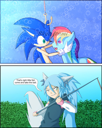 Size: 1600x2000 | Tagged: safe, artist:skye-izumi, rainbow dash, oc, oc:skye izumi, g4, bait, crossover, fishing, fishing rod, male, non-pony oc, sega, sonic the hedgehog, sonic the hedgehog (series), video game, watermark