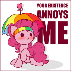 Size: 1125x1125 | Tagged: safe, artist:symbianl, part of a set, pinkie pie, earth pony, pony, g4, angry, annoyed, blushing, chibi, cute, diapinkes, digital art, female, hat, mare, no nose, out of character, part of a series, pinkie pie is not amused, simple background, solo, symbianl's chibis, umbrella hat, unamused, when she doesn't smile, white background