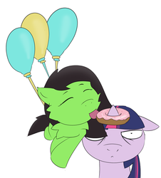 Size: 1040x1150 | Tagged: safe, artist:lazynore, twilight sparkle, oc, oc:filly anon, earth pony, pony, g4, balloon, donut, female, filly, food, mare