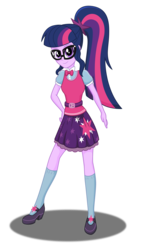 Size: 1742x3078 | Tagged: safe, artist:deannaphantom13, sci-twi, twilight sparkle, equestria girls, g4, arms, bowtie, canterlot high, clothes, female, glasses, hand, hand on hip, happy, high heels, legs, long hair, long socks, looking at you, mary janes, new outfit, pleated skirt, ponytail, puffy sleeves, sci-twi outfits, shirt, shoes, skirt, sleeveless, smiling, socks, solo, teenager, vest