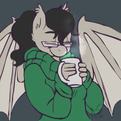 Size: 1000x1000 | Tagged: safe, artist:curiouskeys, oc, oc only, oc:titty sprinkles, bat pony, anthro, anthro oc, bat pony oc, clothes, coffee, commission, eyes closed, glasses, solo, spread wings, steam, sweater
