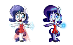 Size: 1800x1100 | Tagged: safe, artist:heir-of-rick, rarity, anthro, unguligrade anthro, g4, chibi, clothes, dress, female, magic, open mouth, progress, smiling, solo