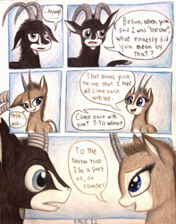 Size: 1076x1368 | Tagged: safe, artist:thefriendlyelephant, oc, oc only, oc:sabe, oc:uganda, antelope, giant sable antelope, comic:sable story, animal in mlp form, bashful, cloven hooves, comic, horns, speech bubble, surprised, traditional art