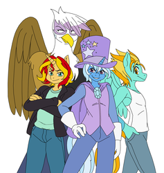 Size: 2715x2860 | Tagged: safe, artist:flawlessvictory20, artist:ss2sonic, color edit, edit, gilda, lightning dust, sunset shimmer, trixie, griffon, unicorn, anthro, g4, cape, clothes, colored, guilder, hat, high res, jacket, lightning powder, male, pretty boy, rule 63, simple background, sunset glare, tristan