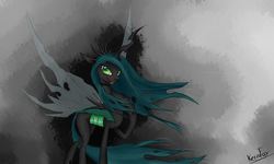 Size: 2048x1232 | Tagged: safe, artist:kettufox, queen chrysalis, changeling, changeling queen, g4, drool, evil smile, fangs, female, looking at you, solo