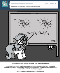 Size: 666x809 | Tagged: safe, artist:egophiliac, princess luna, alicorn, cat, pony, moonstuck, g4, c:, chalkboard, chemistry, clothes, cute, filly, glasses, lab coat, lunabetes, monochrome, mouth hold, science, science woona, smiling, upside down, woona, younger