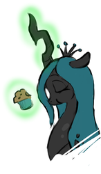 Size: 491x839 | Tagged: safe, artist:noveltmods, queen chrysalis, changeling, changeling queen, g4, crown, eating, female, food, jewelry, muffin, regalia, solo