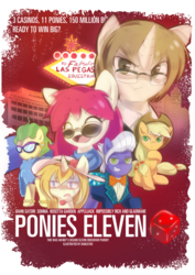 Size: 1447x2046 | Tagged: safe, artist:banzatou, applejack, fluttershy, gladmane, oc, oc:bahn satori, oc:rosetta garden, oc:sohma, pony, g4, viva las pegasus, impossibly rich, movie poster, ocean's eleven, oceans eleven, parody