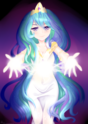 Size: 2894x4093 | Tagged: safe, artist:aunmoon, princess celestia, human, g4, belly button, clothes, dress, eye clipping through hair, female, hug request, humanized, looking at you, magic, smiling, solo