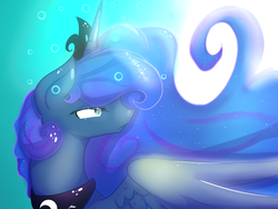 Size: 1024x768 | Tagged: safe, artist:aunmoon, princess luna, alicorn, pony, g4, blue background, blue eyes, blue mane, bubble, color porn, crepuscular rays, crown, digital art, ethereal mane, eyelashes, feather, female, flowing mane, horn, jewelry, mare, ocean, peytral, regalia, simple background, solo, starry mane, stars, sunlight, underwater, water, wings