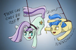 Size: 1200x785 | Tagged: safe, artist:wag-tail, coloratura, sapphire shores, g4, countess coloratura, hanging, rope, swinging, there can be only one