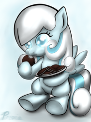 Size: 3072x4096 | Tagged: dead source, safe, artist:privia, oc, oc only, oc:snowdrop, pony, cookie, food, oreo, solo