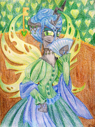 Size: 900x1194 | Tagged: safe, artist:oriwhitedeer, queen chrysalis, changeling, changeling queen, g4, alternate hairstyle, clothes, dress, fan, female, handheld fan, solo, traditional art