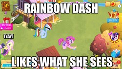 Size: 1280x720 | Tagged: safe, edit, edited screencap, gameloft, screencap, fluttershy, pinkie pie, rainbow dash, earth pony, pegasus, pony, g4, caption, eyes on the prize, female, flutteryay, game, image macro, looking at butt, mare, meme, out of context, sunglasses, yay