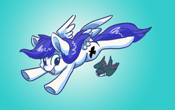 Size: 923x583 | Tagged: safe, artist:indiefoxtail, oc, oc only, oc:swallowtail, bird, pegasus, pony, flying, solo