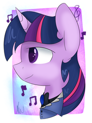 Size: 2048x2732 | Tagged: safe, artist:vanillashineart, twilight sparkle, g4, bust, clothes, female, high res, monsparkle, music notes, portrait, solo