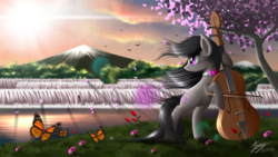 Size: 5000x2813 | Tagged: safe, artist:duskie-06, octavia melody, butterfly, g4, bow (instrument), bowtie, cello, cello bow, female, grass, high res, hoof hold, mountain, musical instrument, playing, scenery, signature, smiling, solo, tree, waterfall