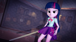Size: 1920x1080 | Tagged: safe, artist:razethebeast, twilight sparkle, equestria girls, g4, 3d, bowtie, clothes, female, forces of harmony, frown, holding, narrowed eyes, pleated skirt, puffy sleeves, shadow, shirt, skirt, solo, source filmmaker, sword, twilight sparkle (alicorn), unamused, weapon, wings