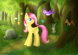 Size: 1024x731 | Tagged: safe, artist:fantazerko, fluttershy, bird, pegasus, pony, g4, female, filly, filly fluttershy, forest, younger