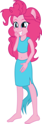 Size: 1749x5062 | Tagged: safe, artist:osipush, pinkie pie, human, equestria girls, g4, barefoot, belly button, commission, eqg giants, feet, female, flash puppet, giantess, happy, high res, looking at you, macro, midriff, ponied up, pony coloring, solo