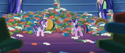 Size: 1925x825 | Tagged: safe, screencap, spike, starlight glimmer, twilight sparkle, alicorn, dragon, pony, unicorn, every little thing she does, g4, season 6, book, horn, library, twilight sparkle (alicorn)