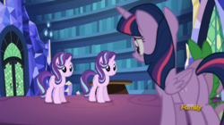 Size: 1566x877 | Tagged: safe, screencap, spike, starlight glimmer, twilight sparkle, alicorn, pony, every little thing she does, g4, butt, discovery family logo, duality, plot, self ponidox, twibutt, twilight sparkle (alicorn)
