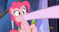 Size: 1279x711 | Tagged: safe, screencap, pinkie pie, starlight glimmer, pony, every little thing she does, g4, discovery family logo, hoof in mouth, puffy cheeks