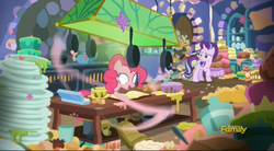 Size: 2479x1371 | Tagged: safe, screencap, pinkie pie, starlight glimmer, pony, every little thing she does, g4, cartoon physics, fiducia compellia, hypnosis, hypnotized, pinkie being pinkie, pinkie physics