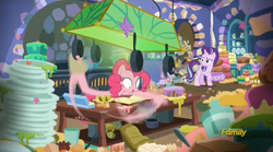 Size: 1275x709 | Tagged: safe, screencap, pinkie pie, starlight glimmer, pony, every little thing she does, g4, cartoon physics, discovery family logo, fiducia compellia, hypnosis, hypnotized, kitchen, pinkie being pinkie, pinkie physics