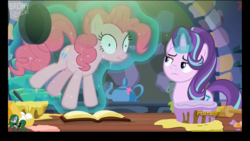 Size: 1366x768 | Tagged: safe, screencap, pinkie pie, starlight glimmer, pony, every little thing she does, g4, discovery family logo, fiducia compellia, hypnosis, hypnotized, levitation, magic, telekinesis