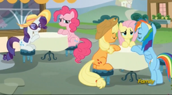 Size: 2435x1351 | Tagged: safe, screencap, applejack, fluttershy, pinkie pie, rainbow dash, rarity, pony, every little thing she does, g4, applebutt, butt, female, hangover, headache, mare, plot, rainbutt dash, remane five, stool, table, tired