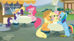 Size: 1275x703 | Tagged: safe, screencap, applejack, fluttershy, pinkie pie, rainbow dash, rarity, pony, every little thing she does, g4, applebutt, butt, discovery family logo, hangover, headache, plot, rainbutt dash, remane five, stool, table, tired