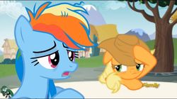 Size: 1920x1080 | Tagged: safe, screencap, applejack, rainbow dash, pony, every little thing she does, g4, bags under eyes, hangover, headache, outdoors, tired