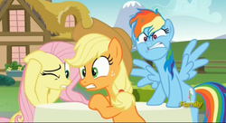 Size: 2359x1283 | Tagged: safe, screencap, applejack, fluttershy, rainbow dash, pony, every little thing she does, g4, angry, covering ears, furious, messy mane, surprised, yelling