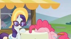 Size: 1663x925 | Tagged: safe, screencap, pinkie pie, rarity, pony, every little thing she does, g4, faceplant, glasses, hat