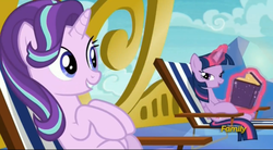 Size: 2535x1395 | Tagged: safe, screencap, starlight glimmer, twilight sparkle, alicorn, pony, every little thing she does, g4, beach chair, bedroom eyes, chair, duo, lidded eyes, stupid sexy twilight, twilight sparkle (alicorn)